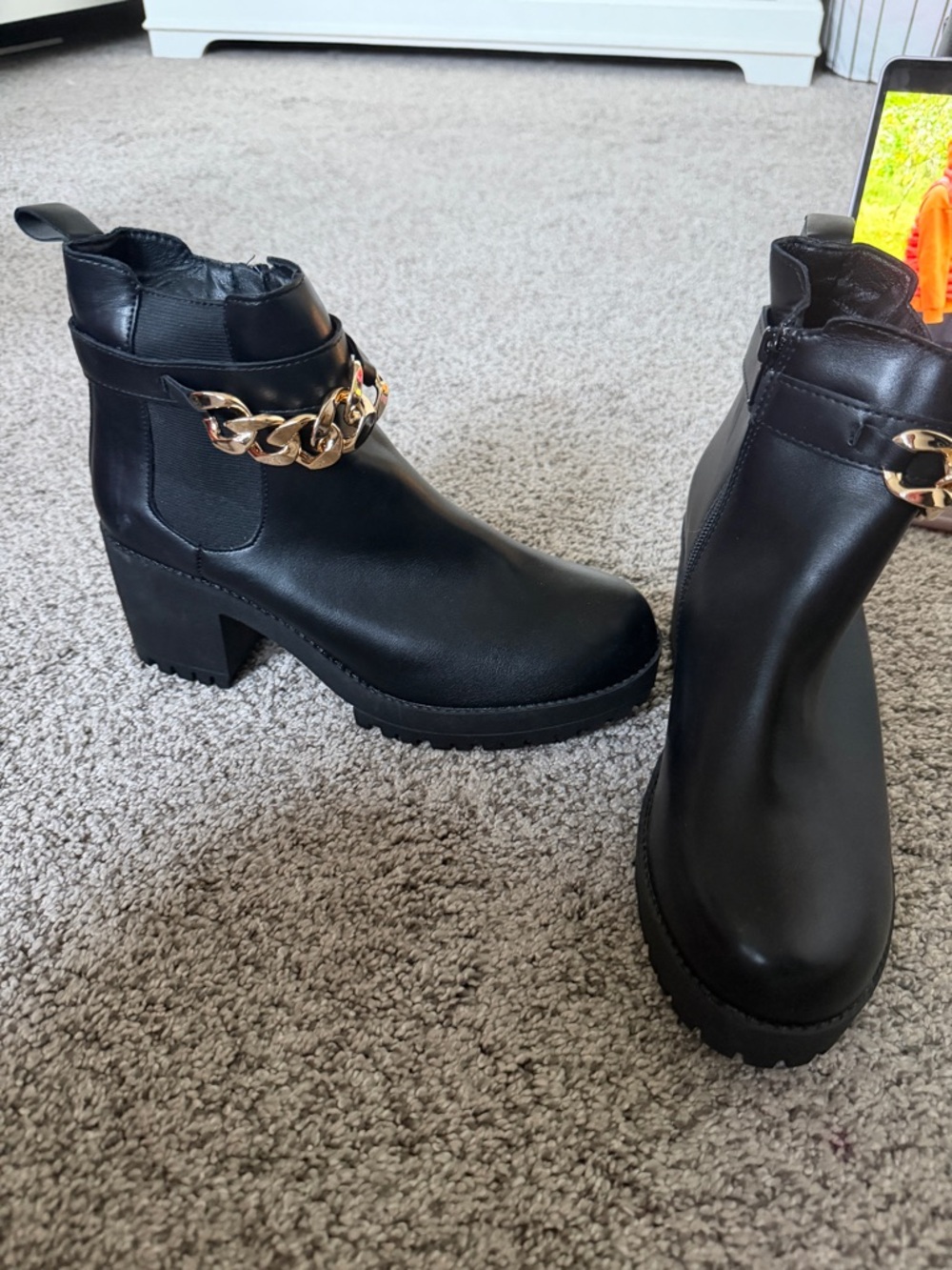 Black Women's Chunky Heel Ankle Boots with Gold Chain